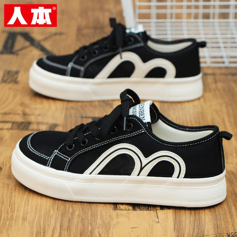 人本网面帆布鞋女2026夏季新款透气黑色休闲板鞋学生薄款运动鞋子