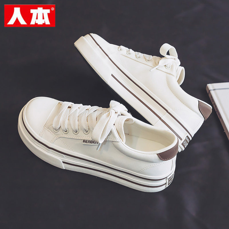 人本厚底帆布鞋女2026春季新款透气休闲小白板鞋白色学生运动球鞋