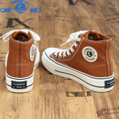 女2025秋冬季 新款 百搭板鞋 环球焦糖棕高帮加绒帆布鞋 厚底保暖棉鞋