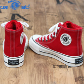 女2025新款 百搭板鞋 冬季 环球正红色高帮加绒帆布鞋 厚底保暖二棉鞋