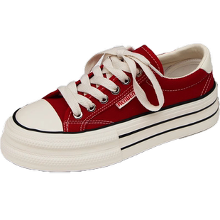 人本红色厚底帆布鞋女2026春季新款大头增高百搭休闲鞋子透气板鞋