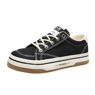 人本黑色帆布鞋女2026春季新款休闲百搭鞋子女款透气板鞋厚底布鞋