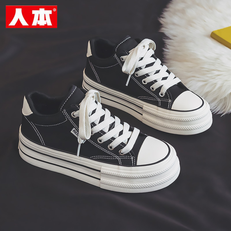 人本冬季厚底加绒帆布鞋女2025秋冬新款黑色增高保暖休闲二棉鞋子