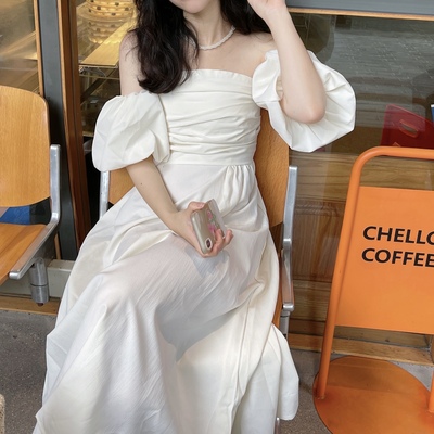 泡泡袖法式气质一字肩抹胸连衣裙