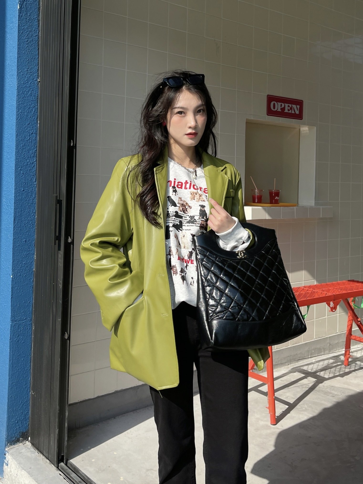 cheers干杯/芥末绿时髦高街小众设计感宽松皮质外套皮衣2023冬女