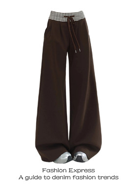 NovaMode棕色运动裤女款复古美式宽松休闲美拉德拼接高腰阔腿裤子