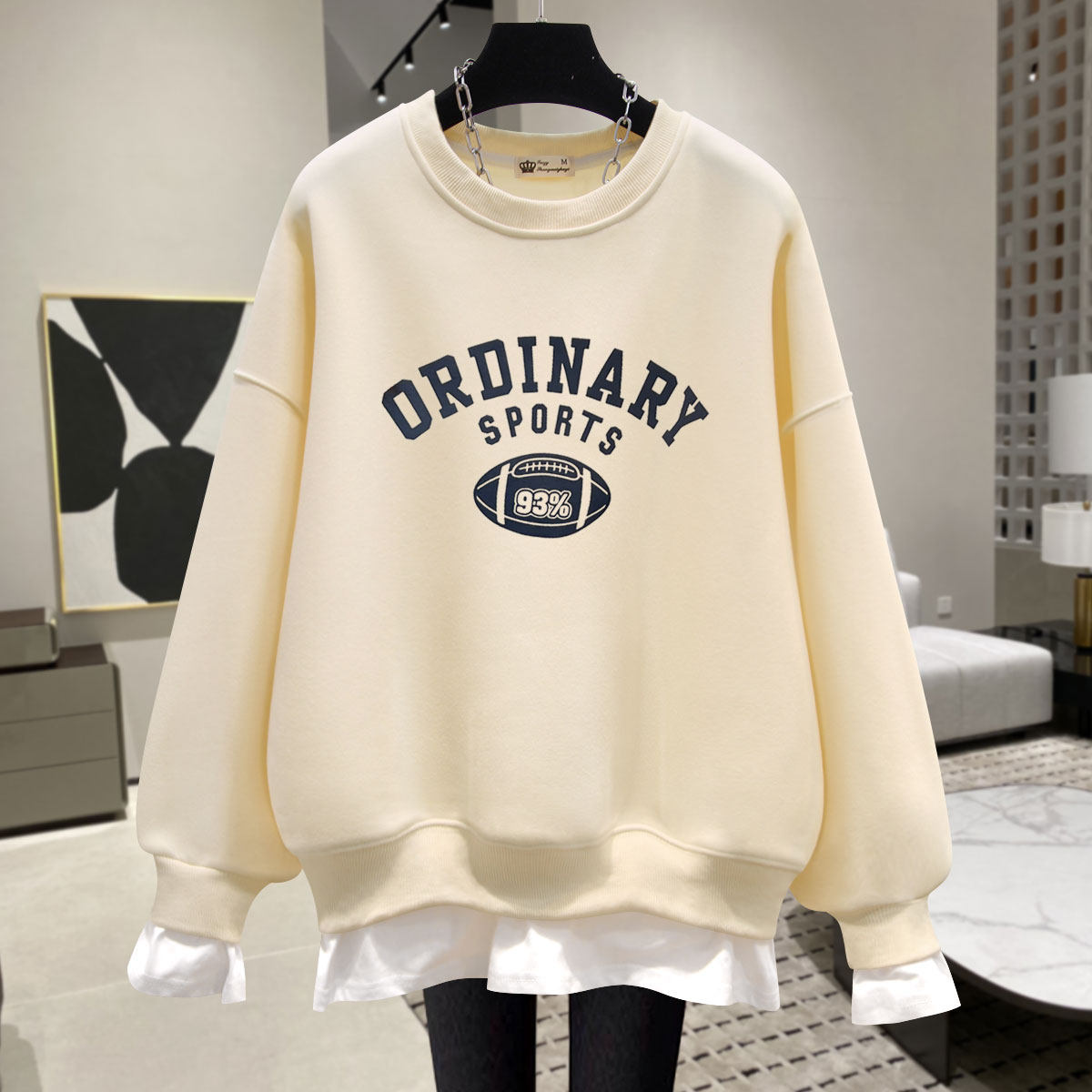 橄榄球字母圆领卫衣女2025春秋冬宽松加绒加厚假两件中长款遮屁股,女装/女士精品,卫衣/绒衫,淘宝优惠券,粉丝福利购,淘宝优惠卷