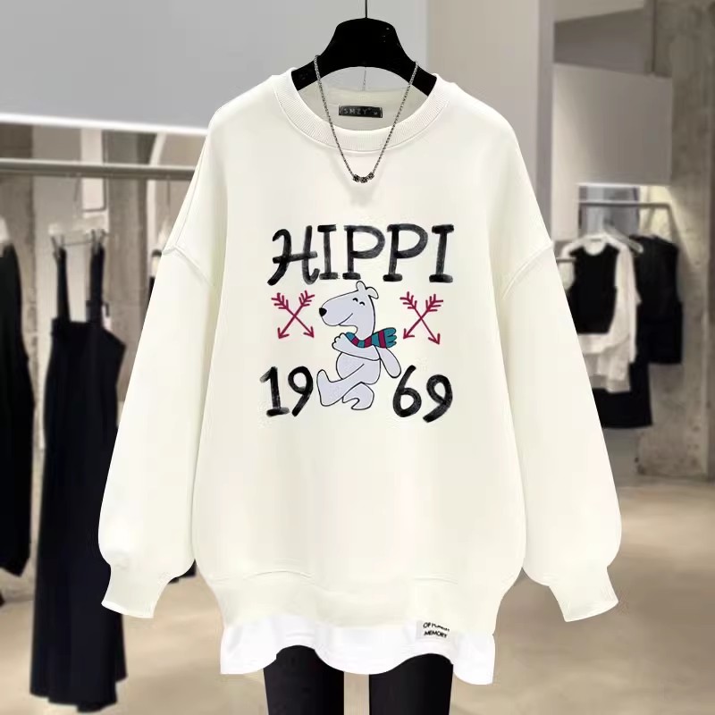 中长款假两件卫衣宽松圆领