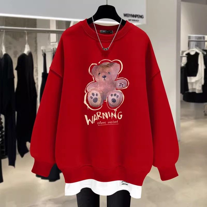卡通小熊圆领卫衣女2025春秋冬宽松加绒加厚假两件中长款遮屁股潮,女装/女士精品,卫衣/绒衫,淘宝优惠券,粉丝福利购,淘宝优惠卷