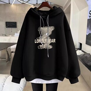小熊字母连帽卫衣女2026春秋冬宽松加绒加厚假两件中长款遮屁股潮
