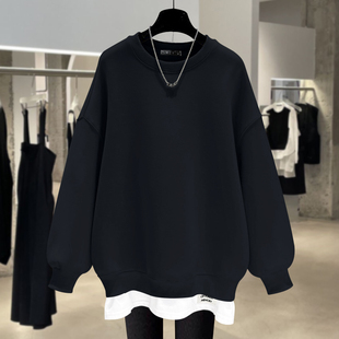 大码纯色圆领卫衣女2026春秋冬宽松加绒加厚假两件中长款遮屁股