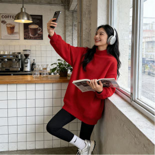 红色半高领卫衣女加绒加厚2026新款春秋冬薄款韩版宽松套头中长款