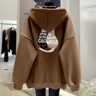 猫咪前后印花开衫拉链连帽卫衣女2026春秋冬宽松加绒加厚中长款潮