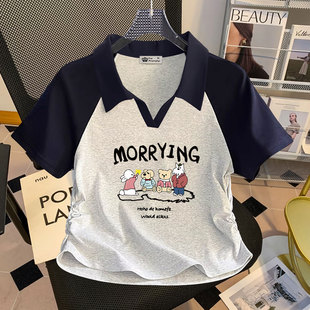 Polo领插肩短袖t恤女短款2026新款夏季小众卡通潮修身显瘦v领上衣