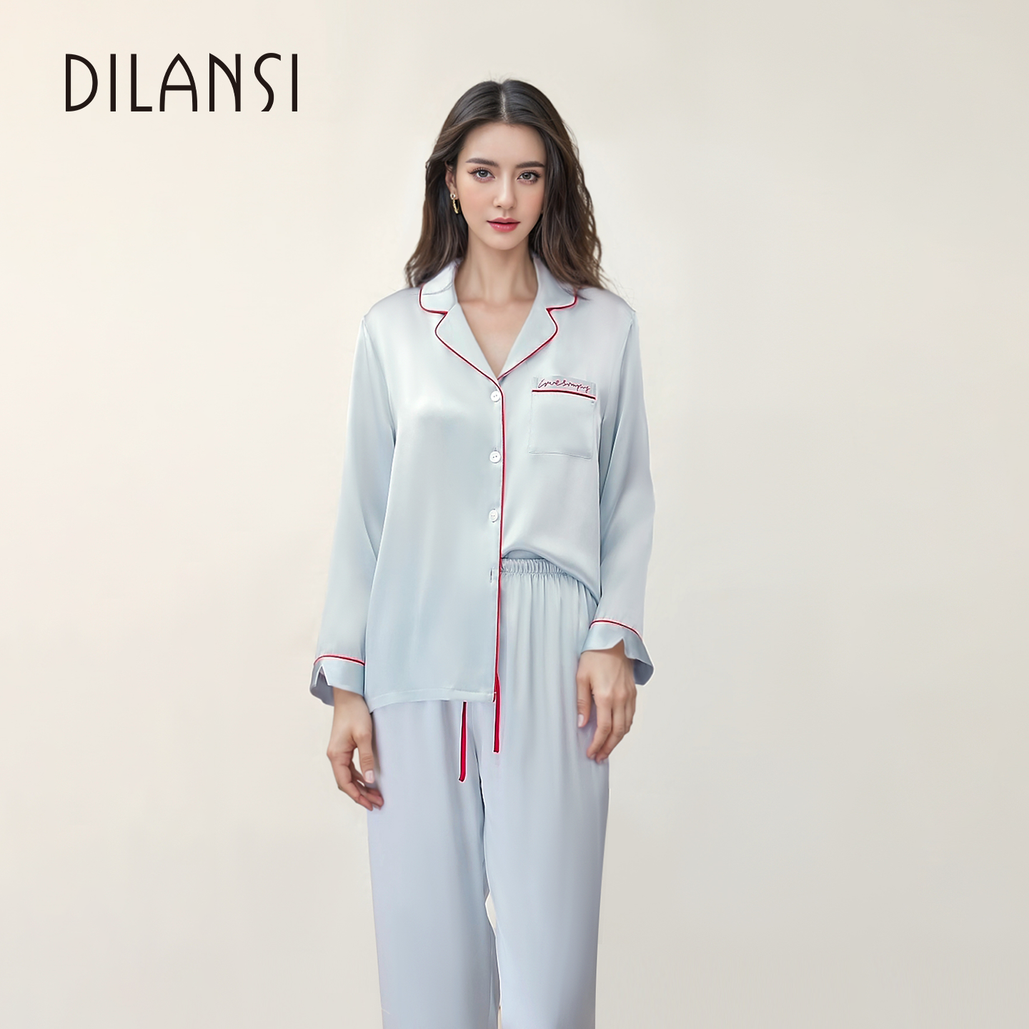 狄兰丝真丝睡衣女长袖长裤100%桑蚕丝夏男士丝绸家居服套装可外穿