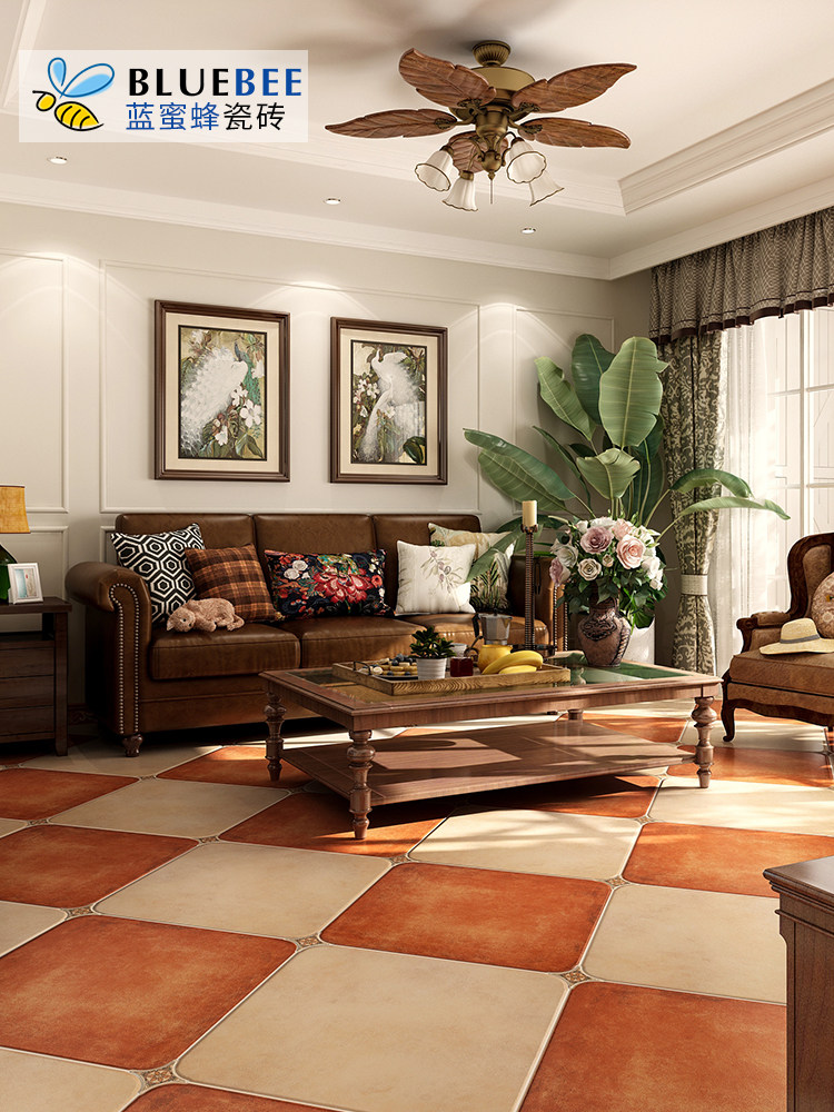 蓝蜜蜂圆角仿古砖客厅别墅法式地砖美式餐厅室内复古瓷砖600花园
