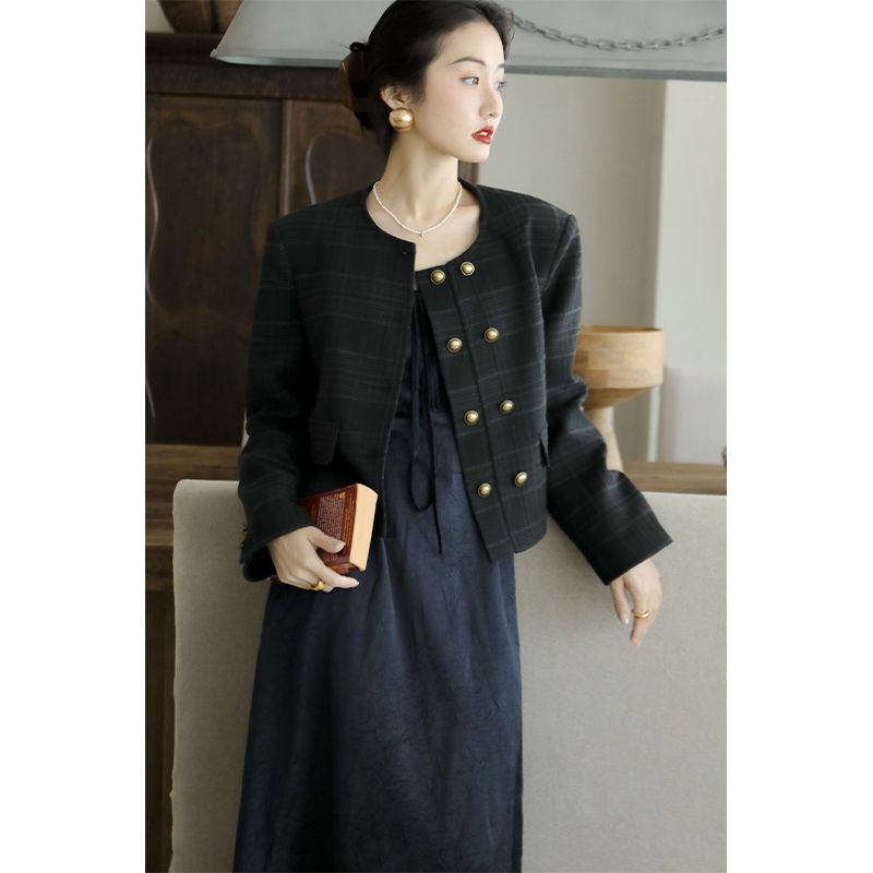 apa studio法式通勤格纹双排扣修身气质小香风质感黑短外套女新款