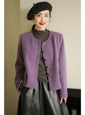 apa studio法式小香风香芋紫开衫短外套女秋冬新款加厚宽松上衣女