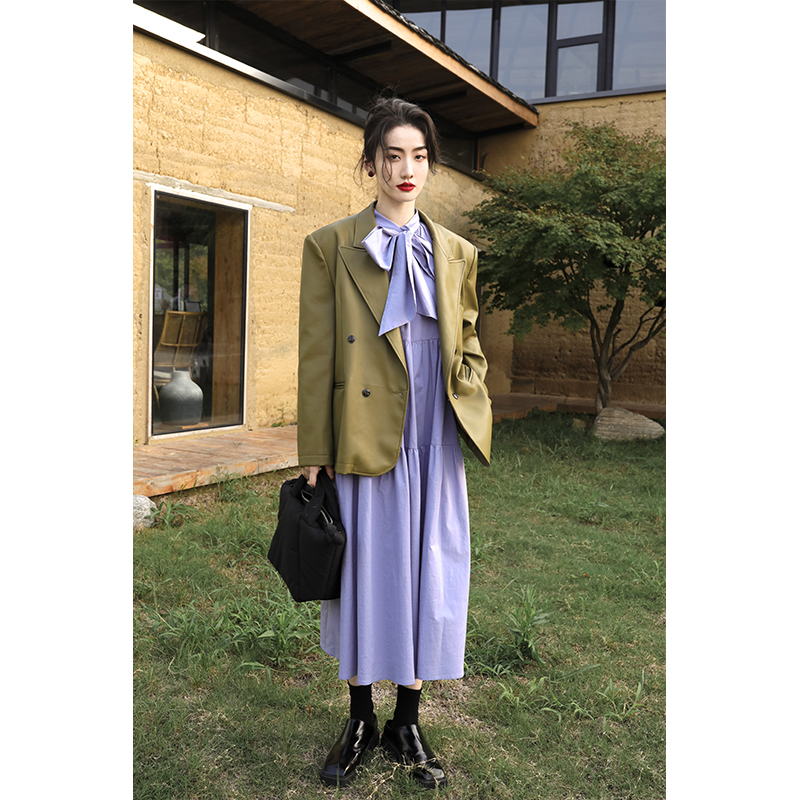 apa studio牛油果绿西装皮衣外套女春秋季新款高级感复古宽松外套