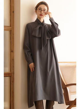 apa studio浪漫恋人灰色蝴蝶结连衣裙女宽秋冬内搭打底配大衣裙子