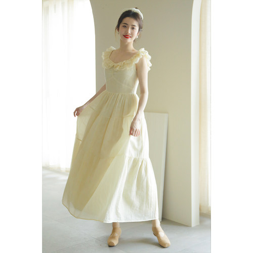 apa studio南洋夏梦夏季法式花瓣领无袖茶歇裙显瘦气质长款连衣裙