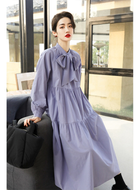 apa studio紫色蝴蝶结衬衫连衣裙宽松新款秋冬内搭打底配大衣裙子