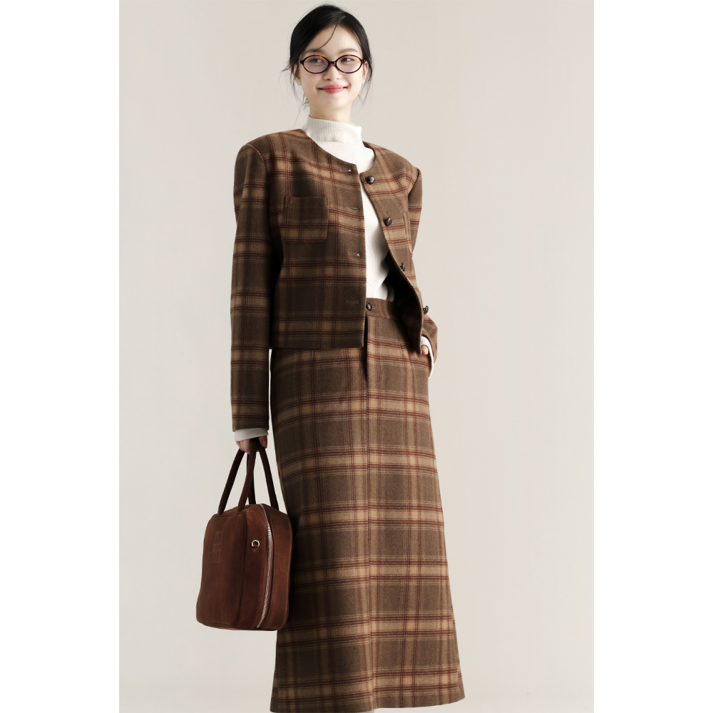 复古格纹气质套装短外套两件套