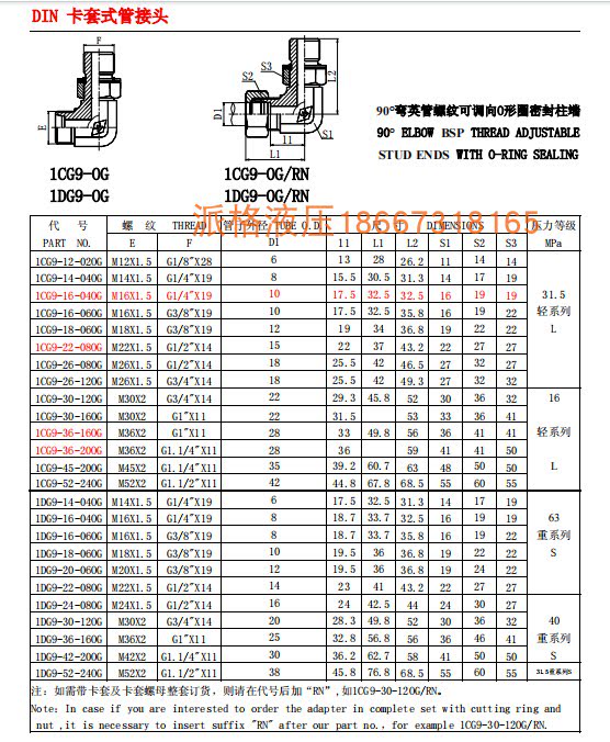 工厂直销液压卡套式接头1dg9液压弯头90°公制螺纹转g螺纹调向接