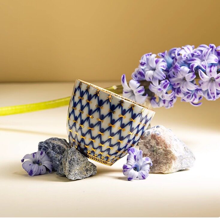 俄皇LOMONOSOV钴蓝网纹金色花园手握杯中式茶杯礼盒高级轻奢套装