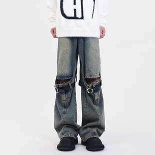 美式皮带破洞做旧微喇牛仔裤男款春秋季宽松拼接直筒设计休闲裤子