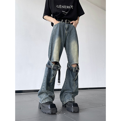 美式高街复古设计牛仔裤男立体拼接小众潮牌休闲裤vibe微喇叭长裤