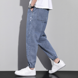 松紧腰宽松潮流哈伦裤 春秋季 潮牌百搭休闲裤 男韩版 水洗束脚牛仔裤