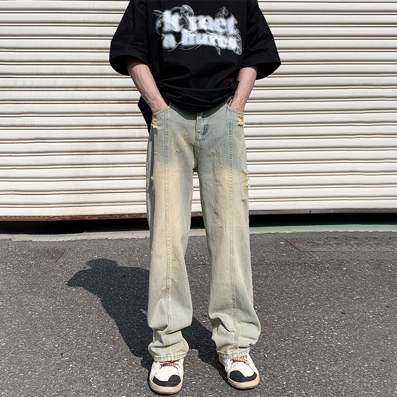 黄泥染直筒牛仔裤男款美式复古水洗做旧休闲裤高街宽松百搭阔腿裤,男装,牛仔裤,淘宝优惠券,粉丝福利购,淘宝优惠卷