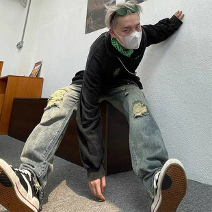 美式 男款 宽松直筒裤 子时尚 男 春秋季 百搭休闲裤 炸街痞帅破洞牛仔裤