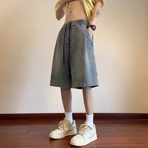 美式潮牌星空纹牛仔短裤男款夏季痞帅宽松阔腿裤直筒外穿五分裤子