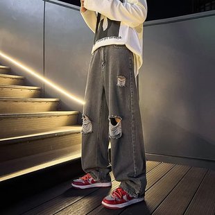 宽松百搭休闲裤 春秋季 欧美潮牌高街痞帅裤 男款 ins破洞直筒牛仔裤