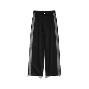 美式侧边三条杠水洗牛仔裤男款春秋季高街时尚学生潮流休闲阔腿裤