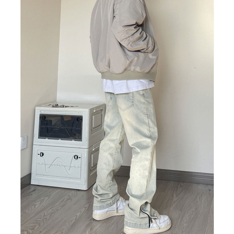 美式复古潮牌水洗做旧黄泥牛仔裤男款春秋季拉链开叉高街直筒长裤,男装,牛仔裤,淘宝优惠券,粉丝福利购,淘宝优惠卷