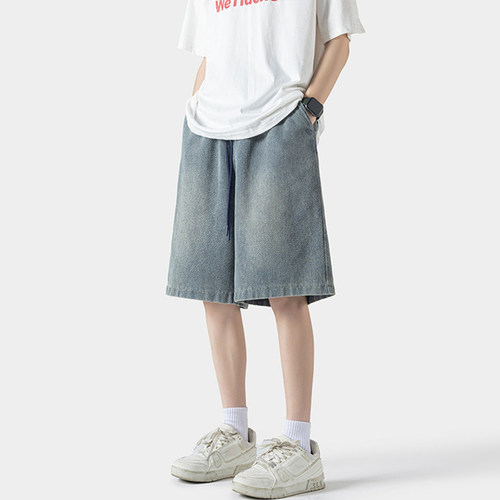 夏季星空纹牛仔短裤男款复古宽松百搭阔腿裤高街痞帅直筒五分裤子