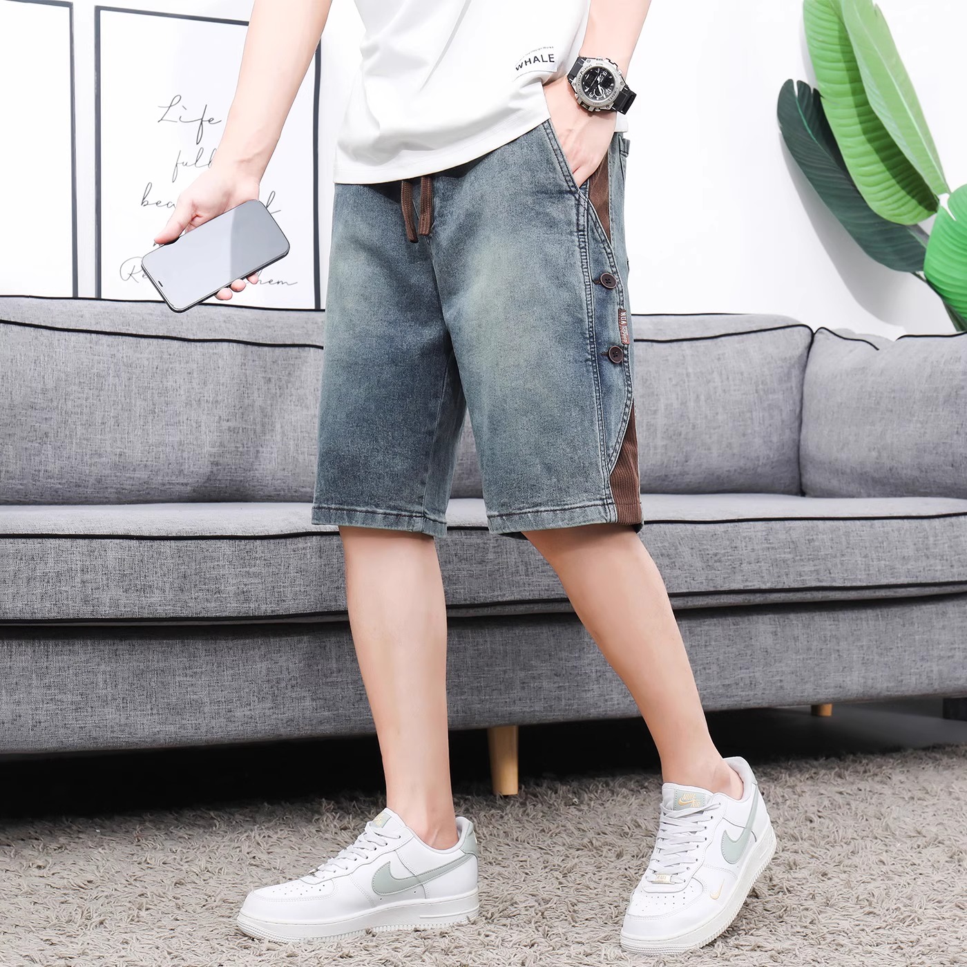 美式复古工装牛仔短裤男士夏季薄款潮牌设计感休闲宽松五分中裤子