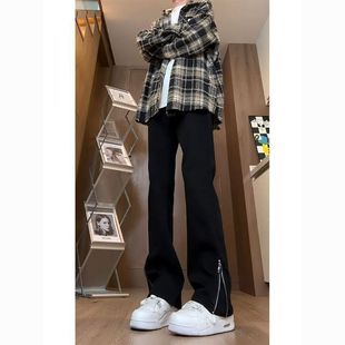 百搭休闲裤 纯黑色拉链微喇牛仔裤 子修身 高街vibe直筒裤 男潮牌美式