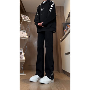 高街侧边拉链牛仔裤 黑色百搭休闲裤 男款 微喇直筒长裤 子男 修身 美式