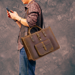 二十四街 复古厚牛皮公文包真皮大容量手拎电脑包律师通勤公务包