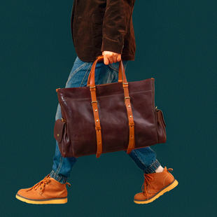 二十四街高端油蜡植鞣牛皮短途旅行包咔叽风肩带真皮斜挎大手提包