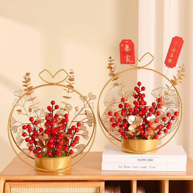 新品ins 红浆发财果仿真花假花摆件客厅桌面装饰花篮乔迁新居礼物