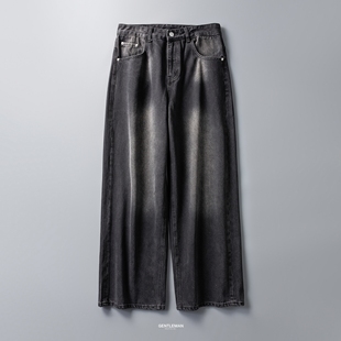 高级感baggy阔腿裤 秋季 男 老钱风复古黑色渐变水洗宽松直筒牛仔裤