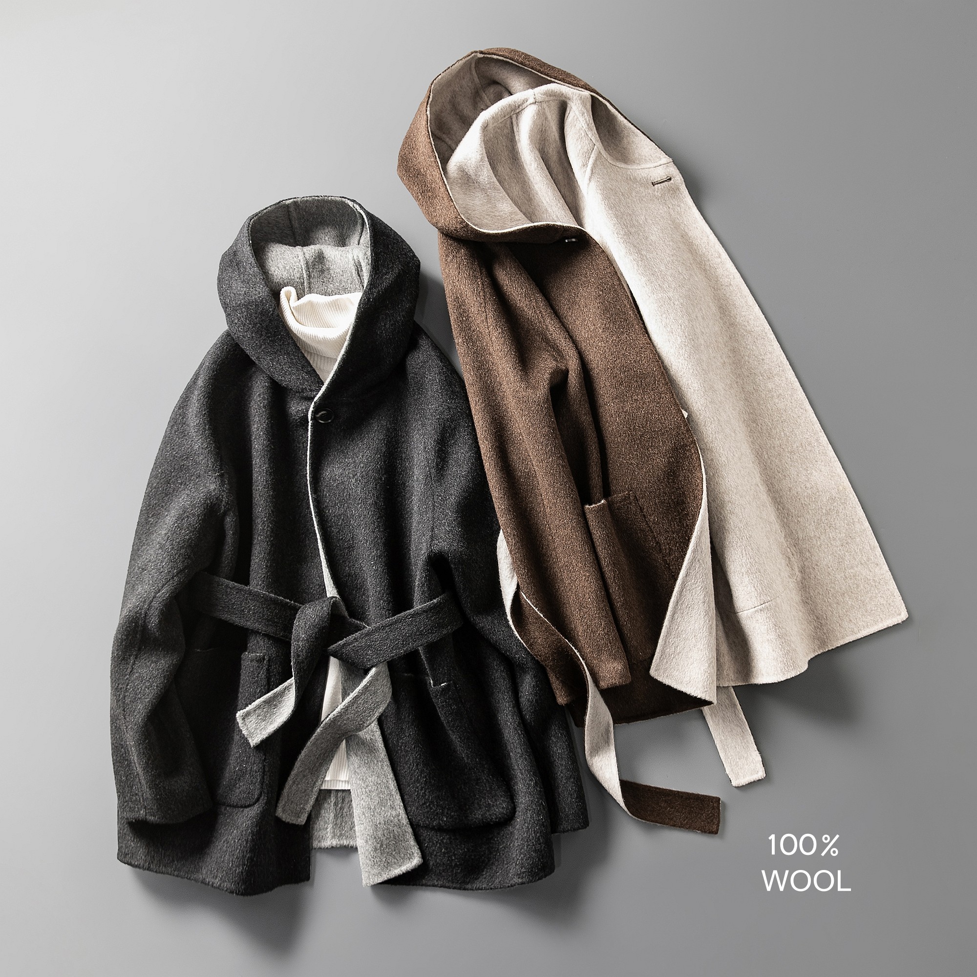 冬季双色双面穿一手长连帽双面呢大衣男廓形腰带设计纯羊毛呢外套,男装,毛呢大衣,淘宝优惠券,粉丝福利购,淘宝优惠卷