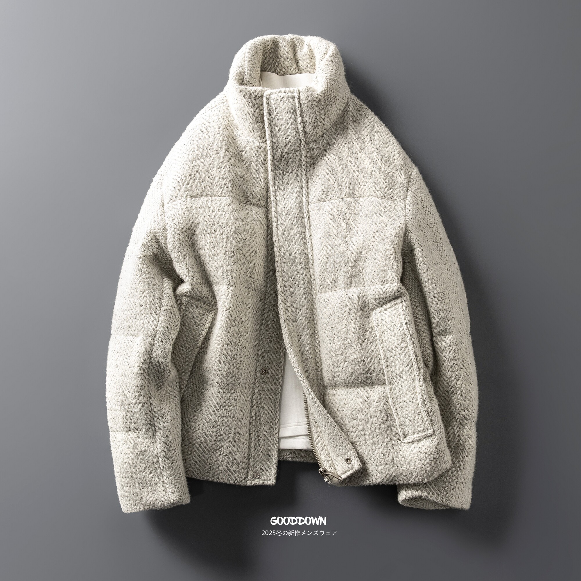 小香风羊毛混纺编织粗花呢立领羽绒服男冬季宽松廓形白鸭绒面包服,男装,羽绒服,淘宝优惠券,粉丝福利购,淘宝优惠卷