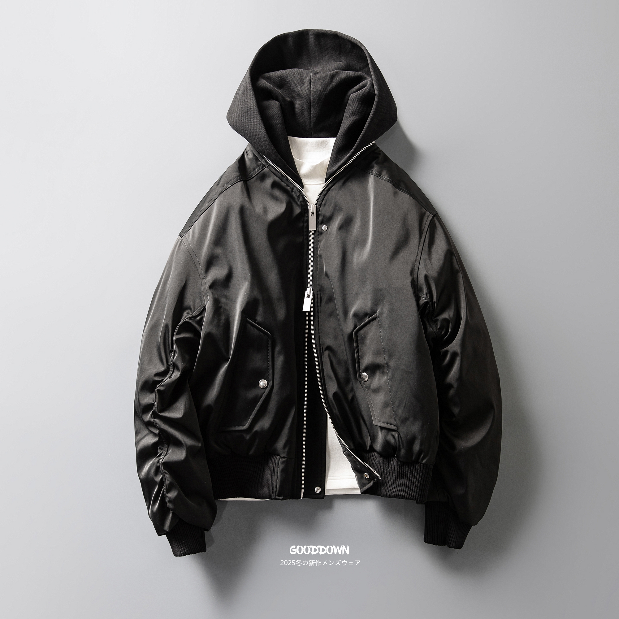 可拆卸连帽bomber羽绒服夹克男