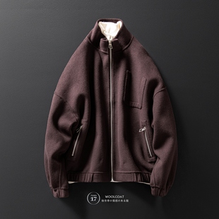 冬季 小众BOXY短宽廓形立领双面呢夹克男老钱风复古棕色羊毛呢外套